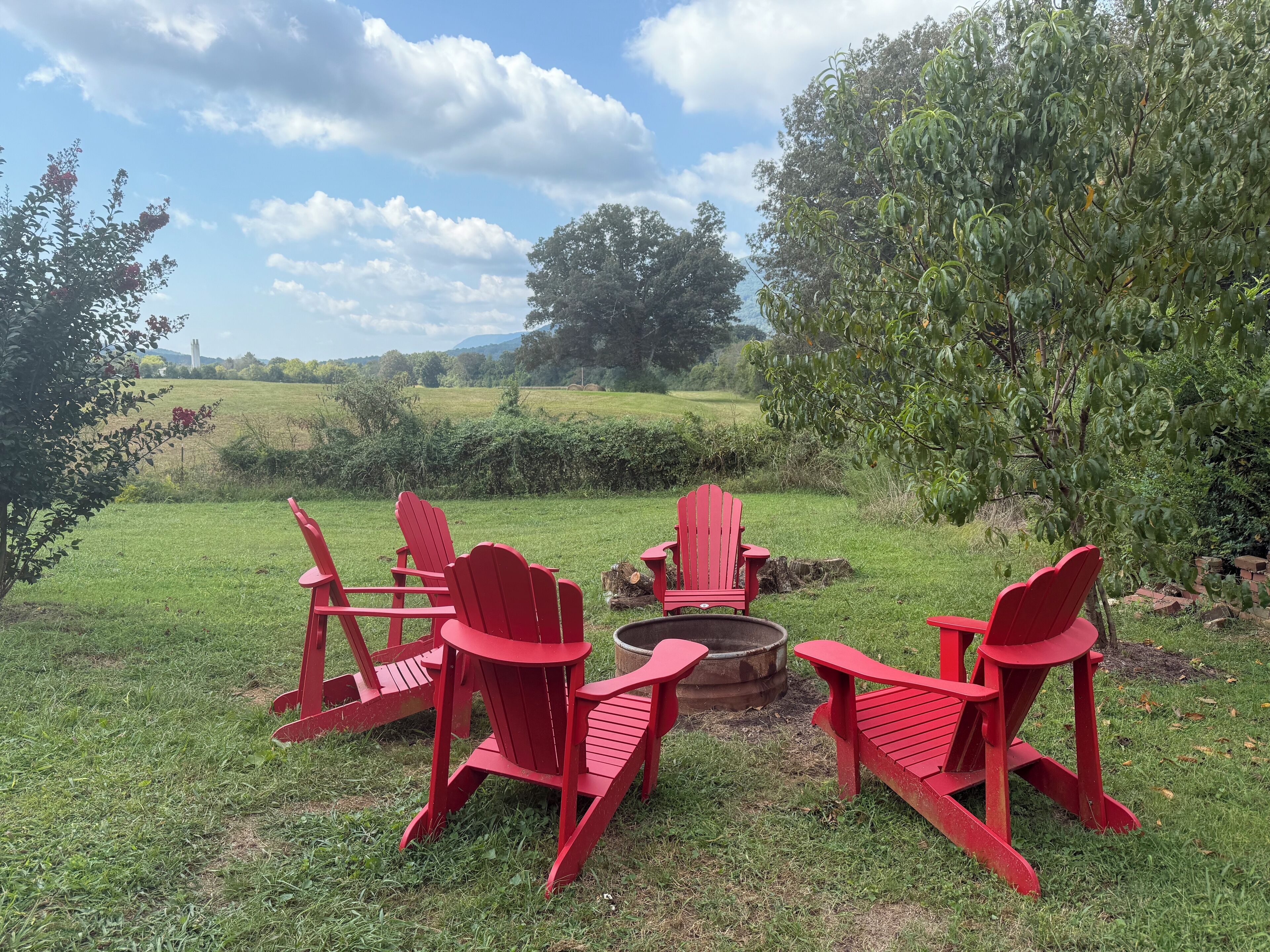 A grassy outdoor area with red Adirondack chairs arranged around a fire pit.
