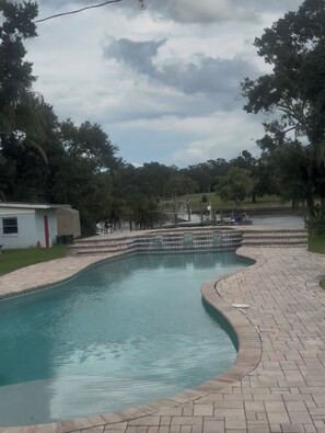 A swimming pool with a curved design, surrounded by a brick patio and trees. - Tampa River Oasis (Tampa)