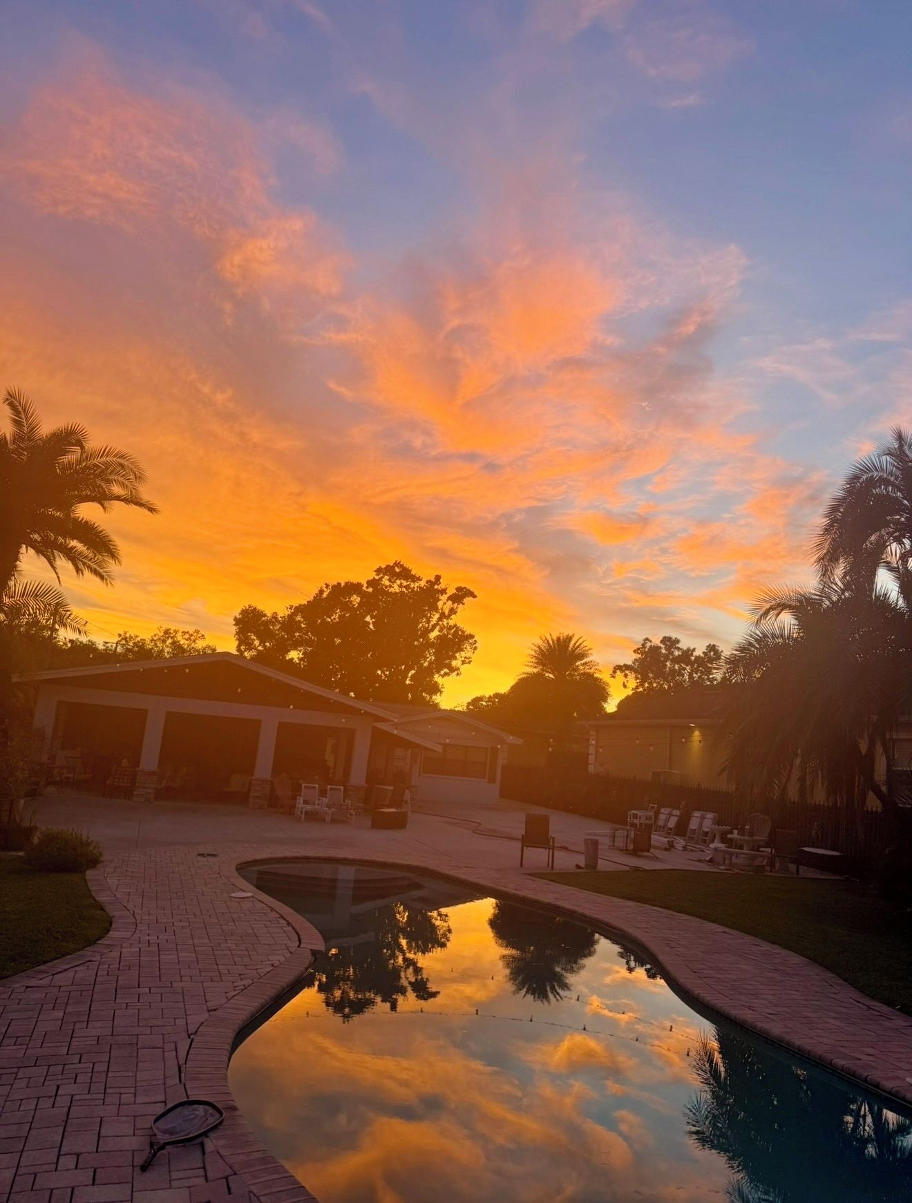 A swimming pool reflecting the sunset sky, surrounded by palm trees and a building with a covered patio area.