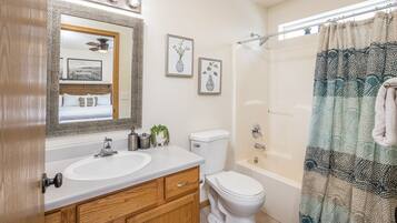 Combined shower/bathtub, hair dryer, towels