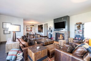 TV connectée, cheminée, médiathèque, chaîne hi-fi