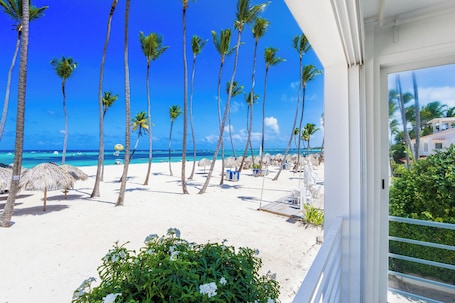 On the beach, sun-loungers, beach towels. Ocean View Luxury Apartment with 3 BDR at Bávaro Beach