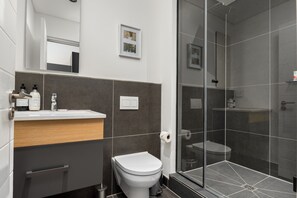 Douche, séchoir à cheveux, serviettes fournies, papier de toilette