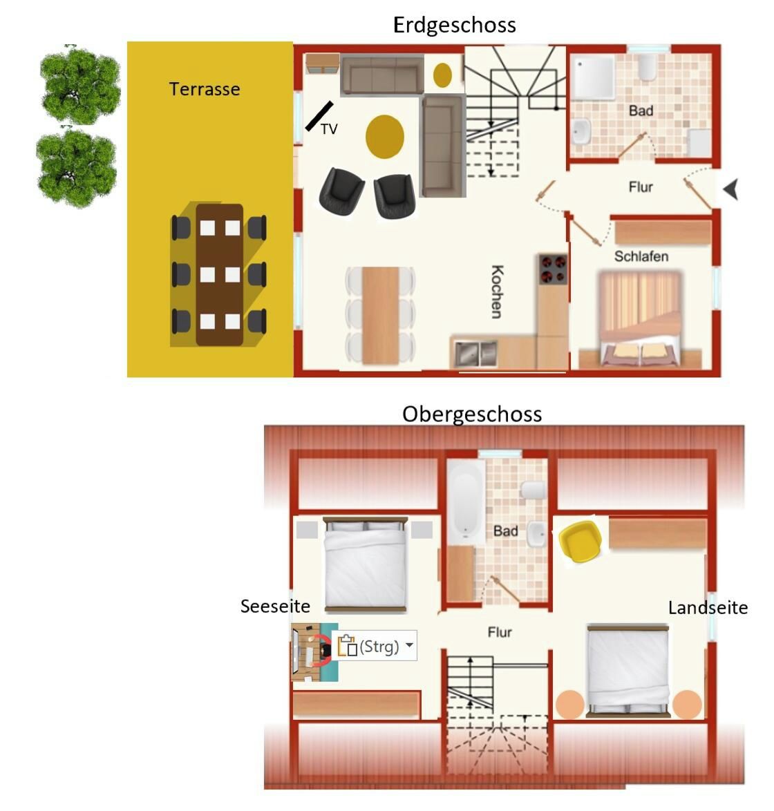 A hotel floor plan with a terrace, TV, kitchen, bathroom, and two bedrooms.