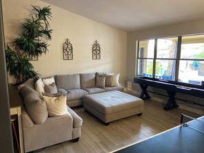 スマートテレビ、暖炉、卓球台、ステレオ