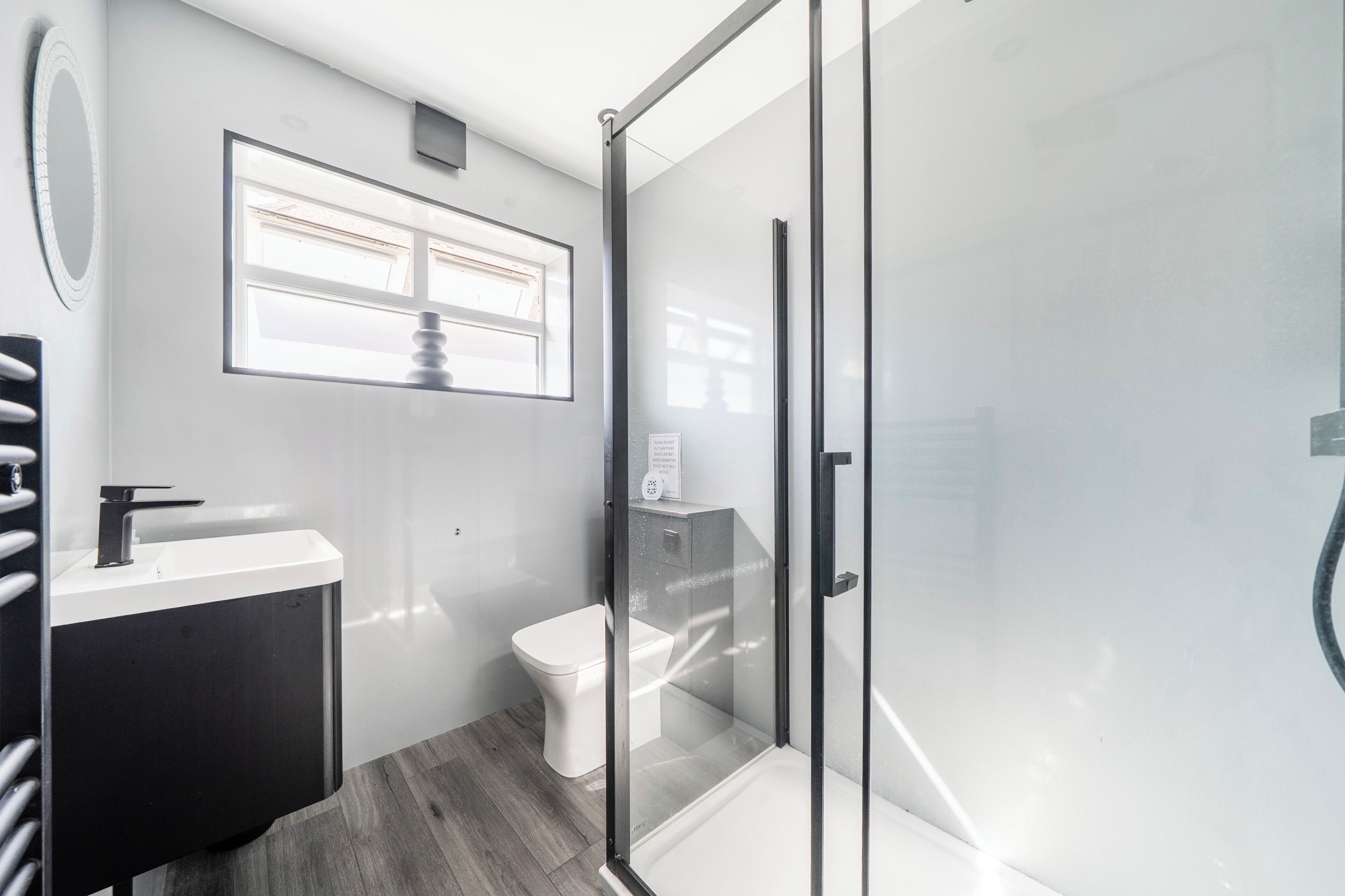 Separate tub and shower, deep soaking tub, hair dryer, towels