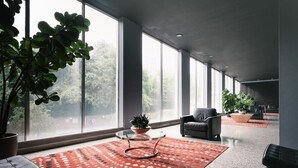 Um interior moderno com janelas amplas, um tapete vermelho estampado e uma planta em vaso.