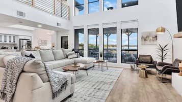 TV, fireplace, books, stereo