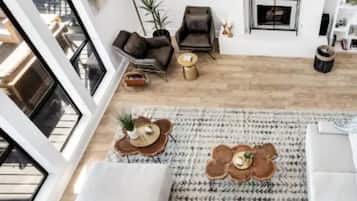 TV, fireplace, books, stereo