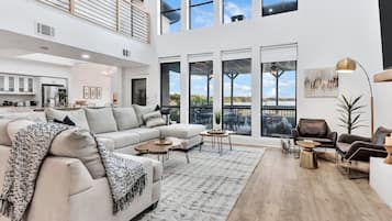 TV, fireplace, books, stereo