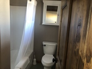 Tina con regadera, secadora de cabello, toallas, jabón