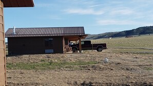 A rustic cabin with a metal roof, a porch with a rocking chair, and a truck parked in front. - Shedhorn Cabin #2 of 3 - 1 BEDR & Full RV Hookups (White Sulphur Springs)