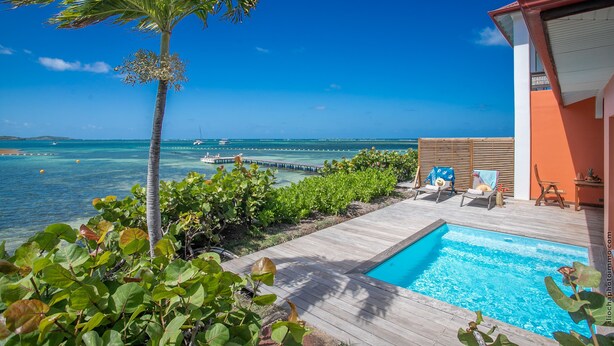 A poolside area with a wooden deck, a palm tree, and a view of the ocean. - Les Villas du Lagon (Le Francois)