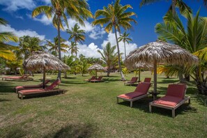 A tropical resort with thatched umbrellas, sun loungers, and palm trees. - Les Villas du Lagon (Le Francois)