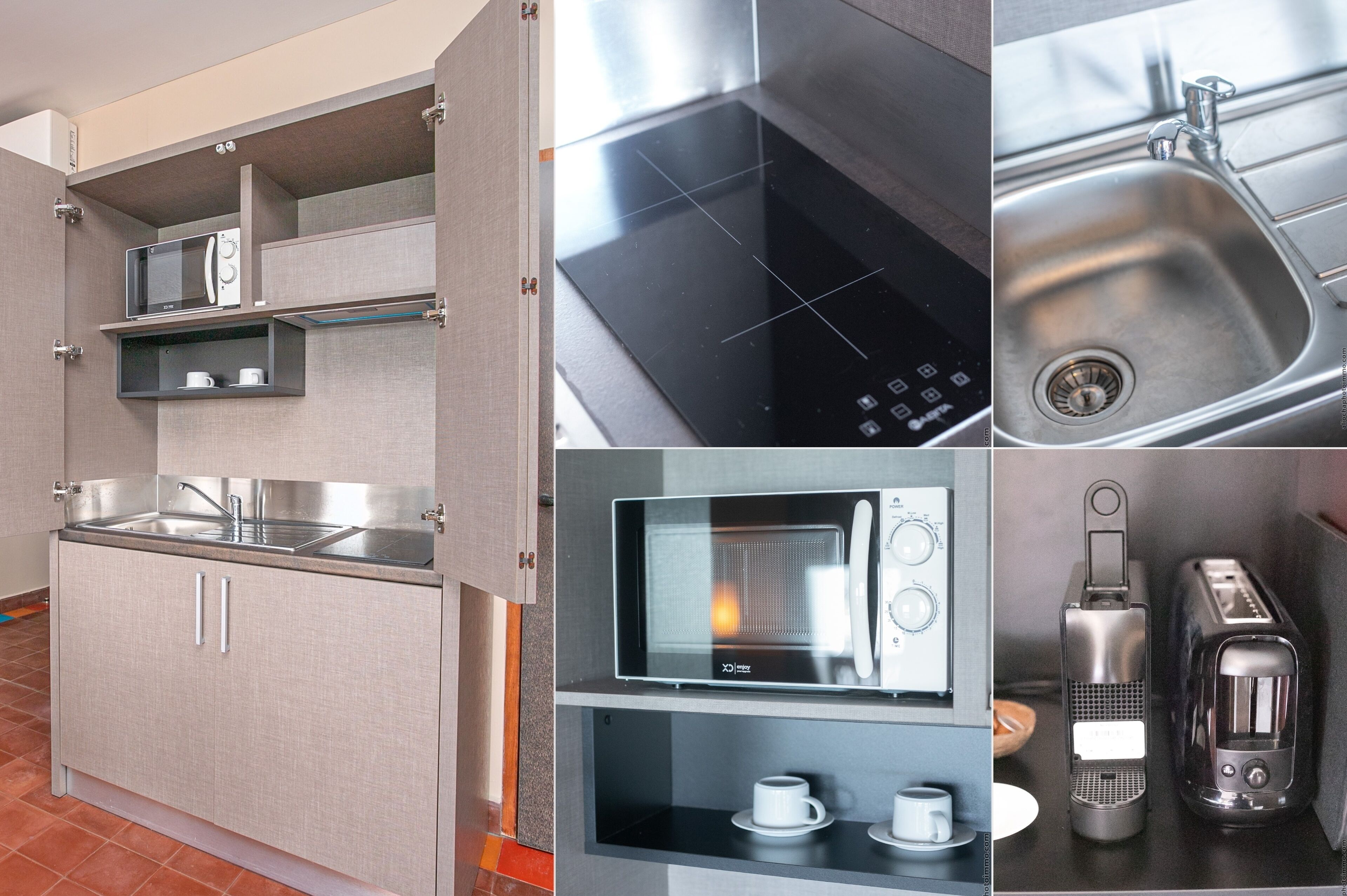 Una cocina equipada con microondas, estufa, lavaplatos y cafetera.