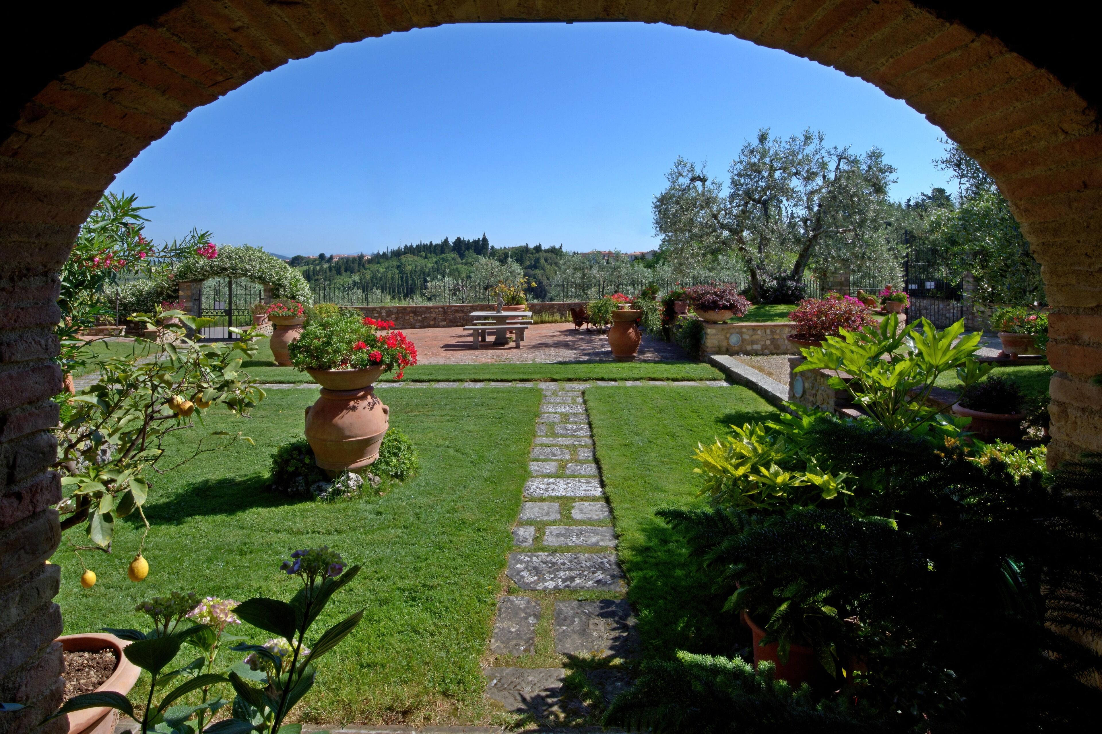 A garden with a stone pathway, potted plants, and a bench.