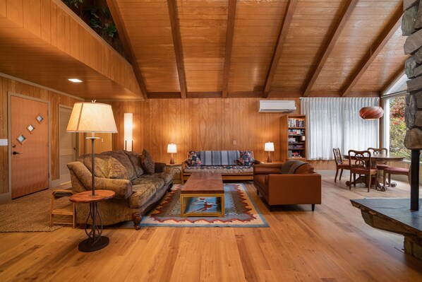 Fireplace, books, music library