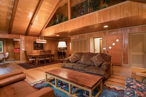 Fireplace, books, music library