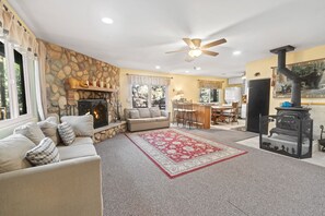 Télévision, cheminée, lecteur de DVD