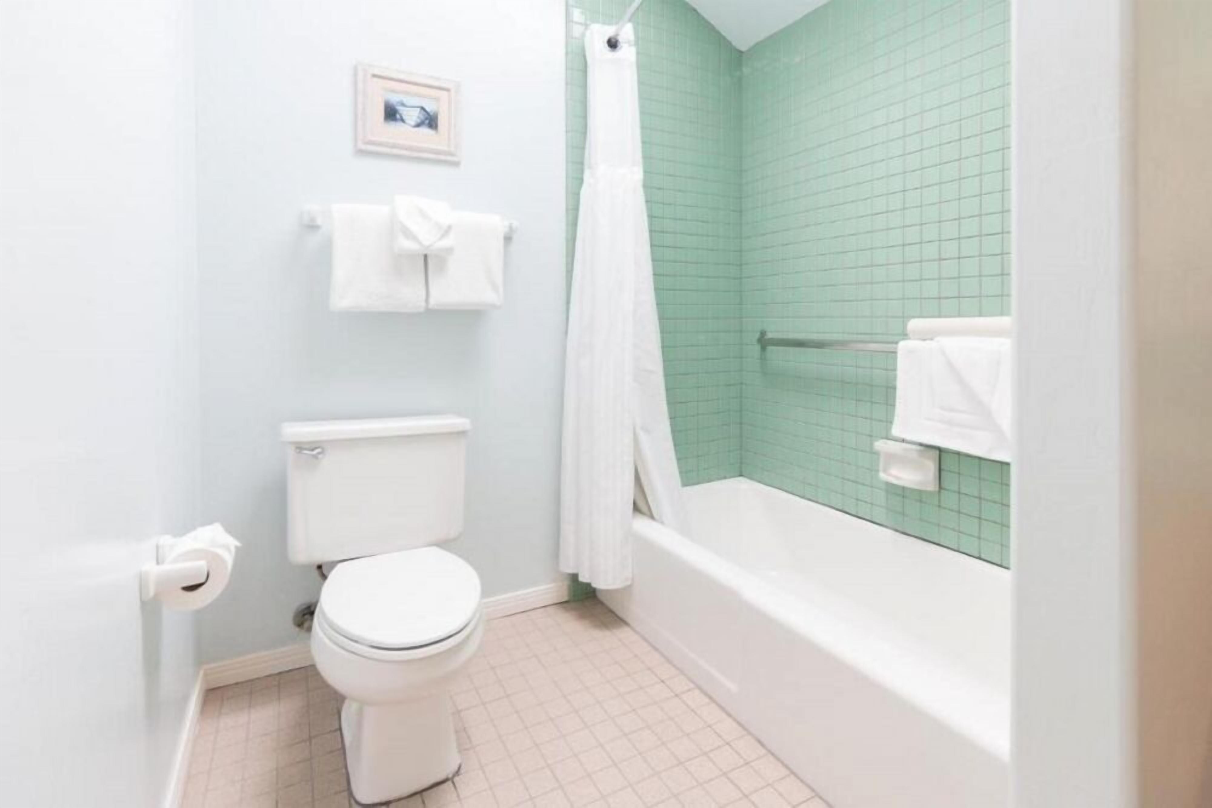 Ein Badezimmer mit Toilette, Badewanne und Duschvorhang.