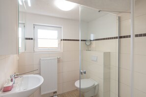 Dusche, Haartrockner, Seife, Toilettenpapier