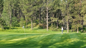 Ein Golfplatz mit Fahne, Bäumen und einem Golfer.