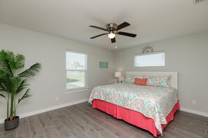 4 bedrooms, memory-foam beds, iron/ironing board, travel cot