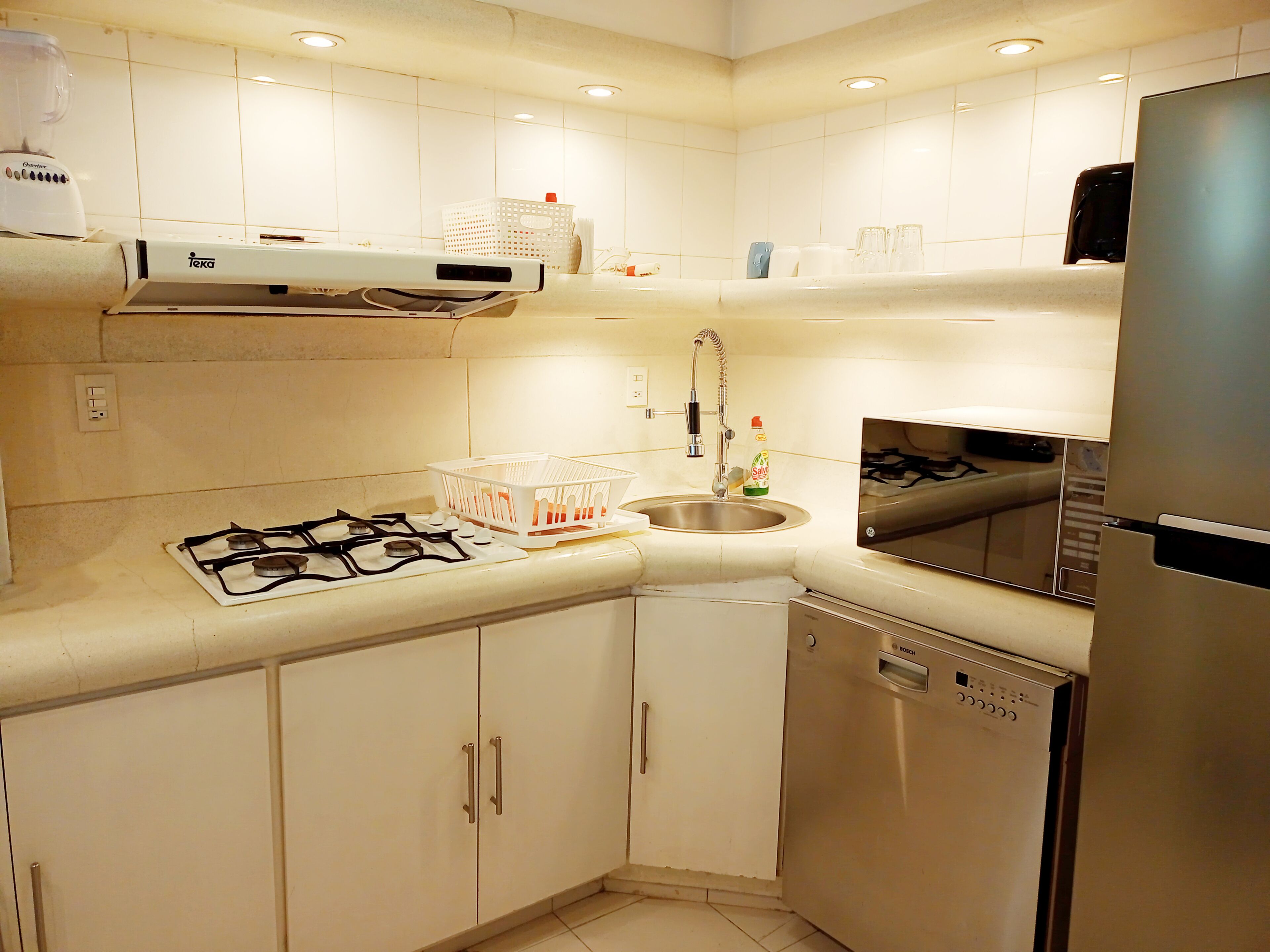 Fridge, microwave, dishwasher, coffee/tea maker