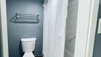 Combined shower/tub, free toiletries, hair dryer, towels