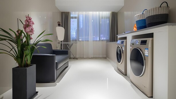 Habitación de hotel moderna con sofá, planta en maceta, lavadora y un ventanal con cortinas.
