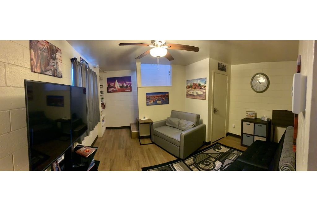 Smart TV, fireplace, DVD player, books