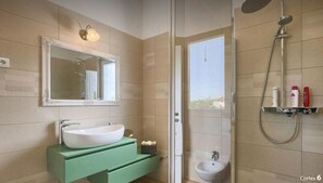 Shower, hair dryer, bidet, towels