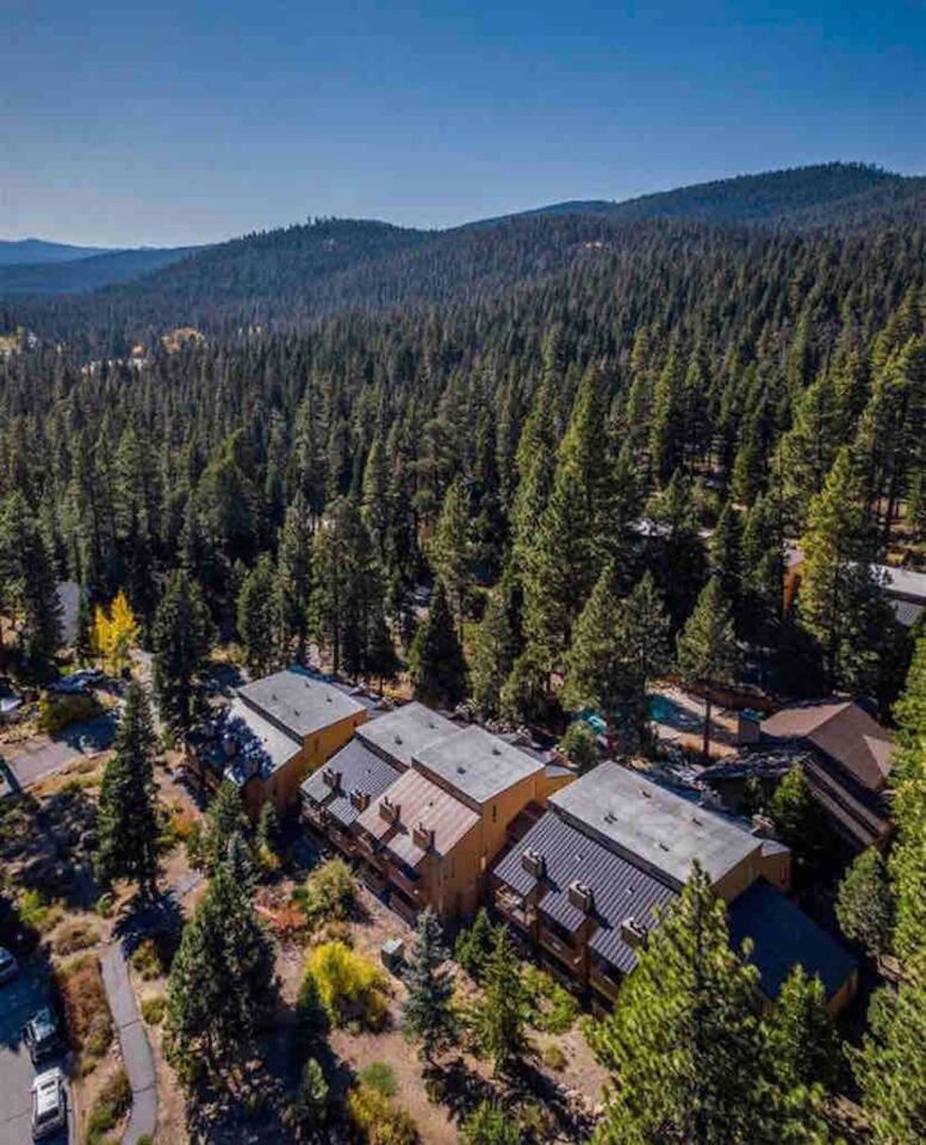 A residential area with multiple houses surrounded by dense forest and mountains in the background.