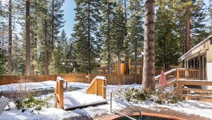 A pool area surrounded by tall trees, wooden deck, and a wooden fence.