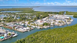 A marina with boats docked, surrounded by greenery and a clear view of the water. - 200ft of Waterfront with Tiki & Heated Pool - Boaters Paradise  (Key Largo)