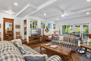 Smart TV, fireplace, video games, DVD player