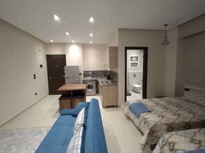 Efficient living space with a sofa, bed, and kitchenette area.