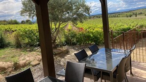 Ein überdachter Außenbereich mit Tisch und Stühlen, mit Blick auf einen Weinberg.