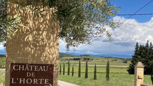 Schild des Château de l'Horté mit Blick auf Weinberge und einen klaren Himmel.