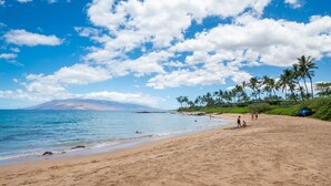 A beach with clear skies, palm trees, and a mountain in the background. - Tropical Escape with Endless Coastal Views (Kihei)