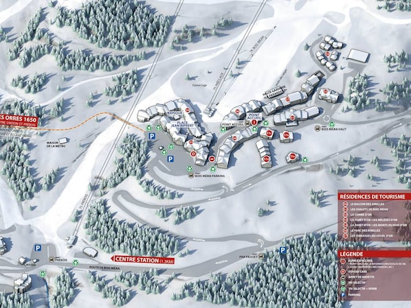 A ski resort map with marked accommodations, parking, and ski runs. - Cozy Ski-In/Ski-Out Apartment with Pool & Sauna, Sleeps 6 (Les Orres)