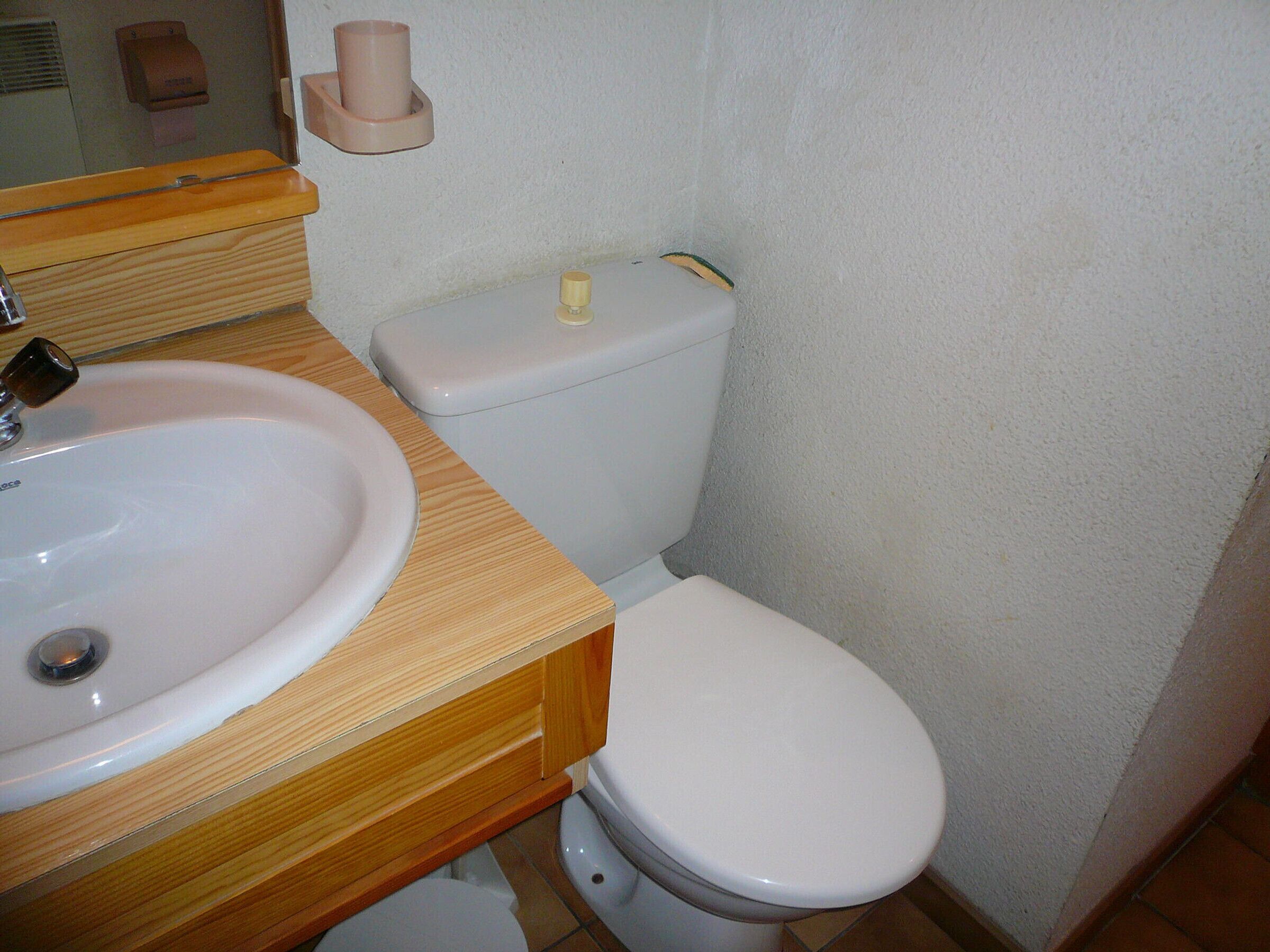 Une salle de bain avec un lavabo blanc, un meuble-lavabo en bois et des toilettes blanches.