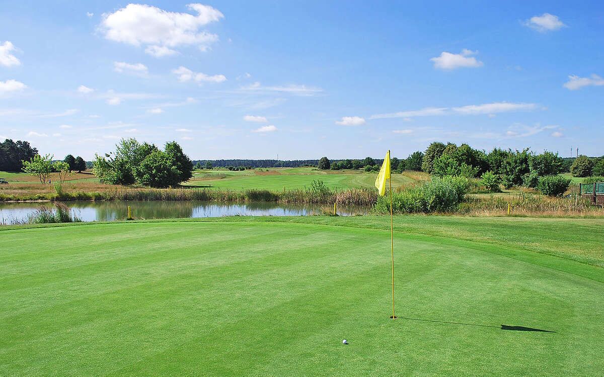 A golf course with a flagstick, water body, and trees.