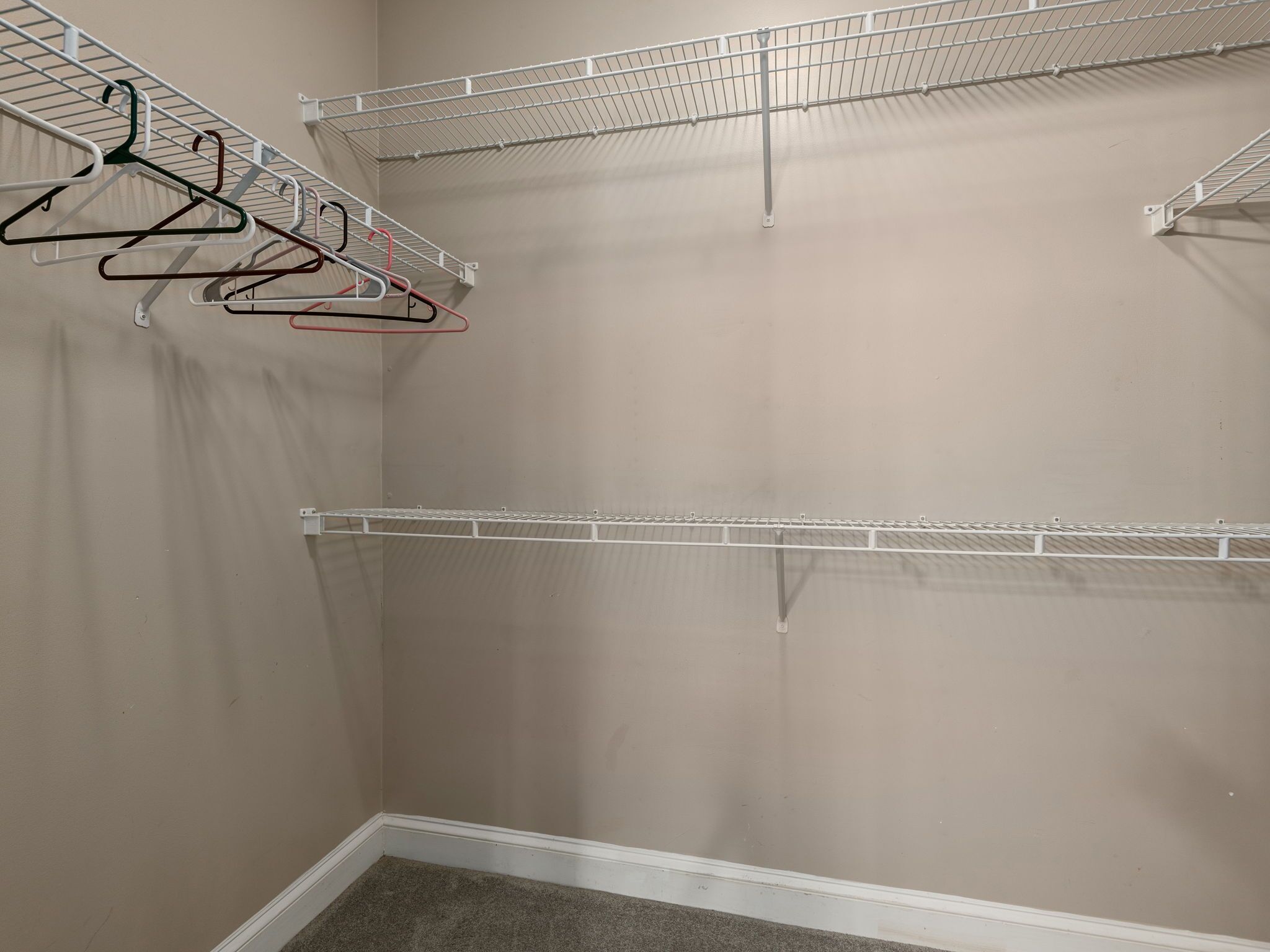 A walk-in closet with metal shelving units and a carpeted floor.
