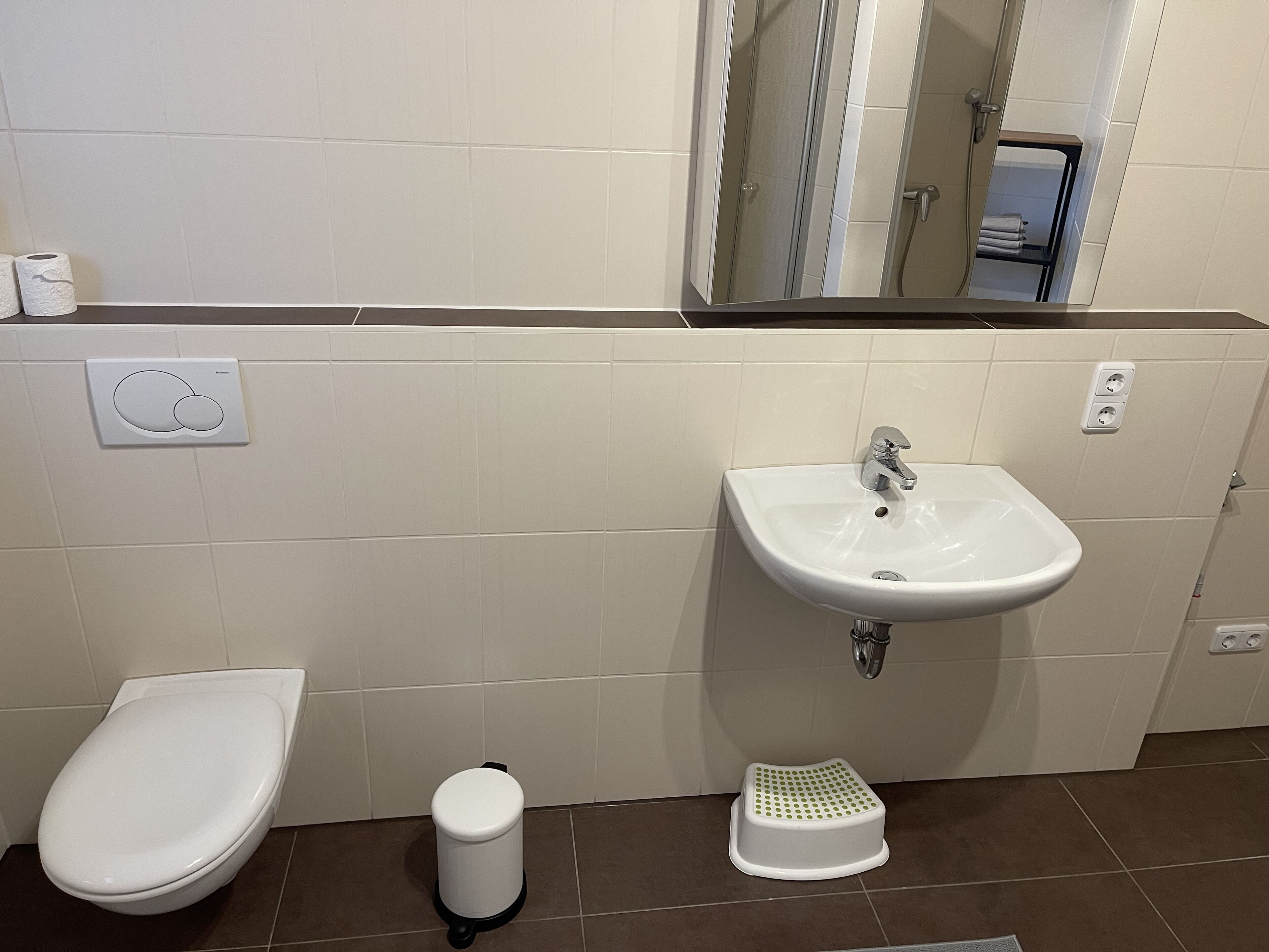 A bathroom with a toilet, sink, mirror, and a step stool.
