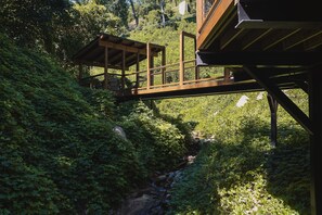 A wooden bridge connecting a building to a lush green area with a stream. - Night Owl 3 Bedroom Cabin by RedAwning (Gatlinburg)