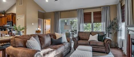 TV, lareira, livros, escritórios