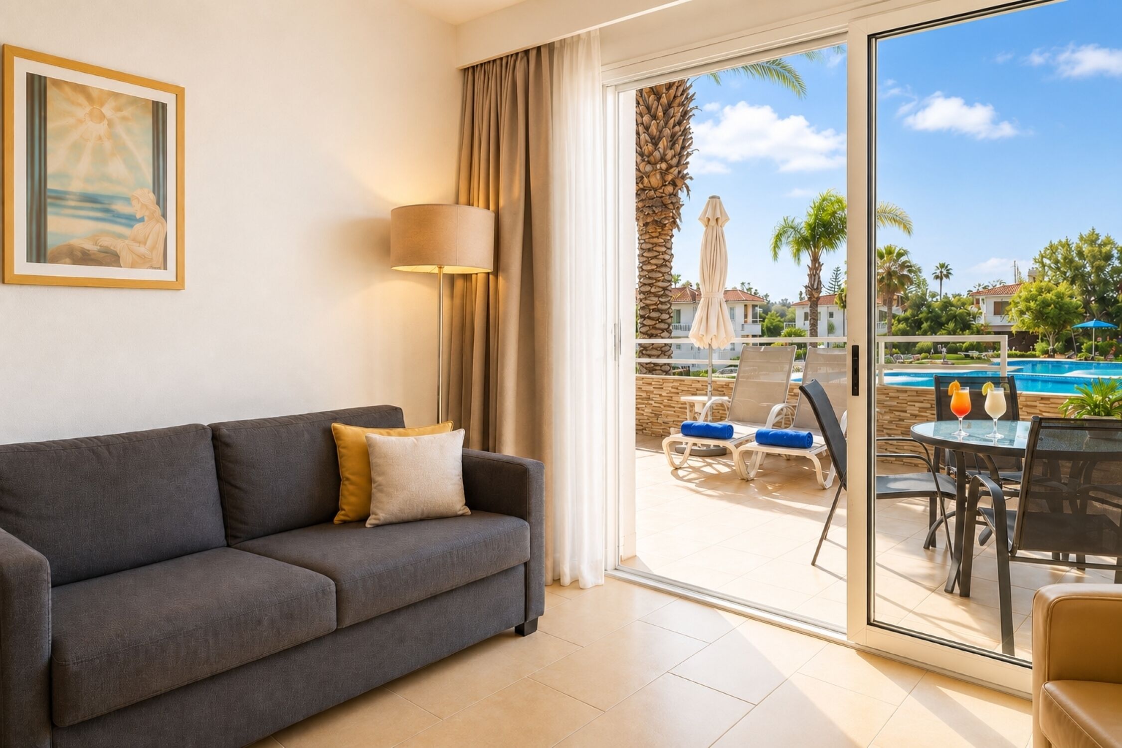 A living room with a sofa, a lamp, a painting, and a sliding glass door leading to an outdoor area with a pool, chairs, and umbrellas.