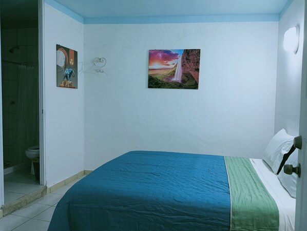 A bedroom with a bed, a shower area, and two wall-mounted pictures. - Auberge Alexandross (in Puerto Vallarta) (Puerto Vallarta)
