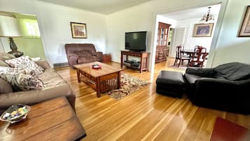 Smart TV, fireplace, DVD player, books